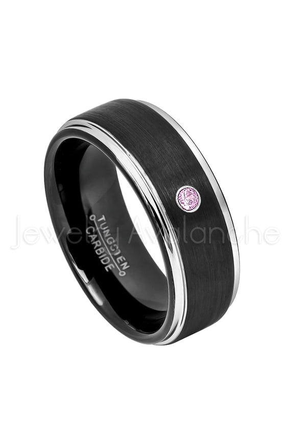 2-Tone Black Tungsten Wedding Band - 0.07ct Solitaire Pink Tourmaline Ring - Personalized Tungsten Wedding Ring - Custom Made October Birthstone Ring TN670BS