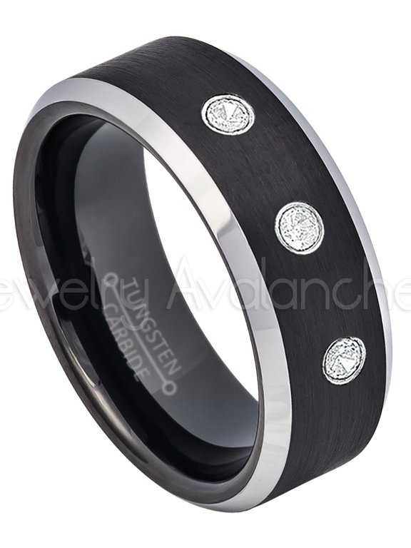 2-Tone Black Tungsten Wedding Band - 0.21ctw Diamond 3-stone Band - Personalized Tungsten Wedding Ring - Custom Made April Birthstone Ring TN667BS