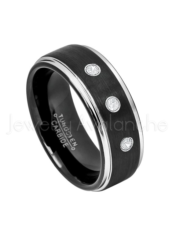 2-Tone Black Tungsten Wedding Band - 0.21ctw Diamond 3-stone Band - Personalized Tungsten Wedding Ring - Custom Made April Birthstone Ring TN670BS