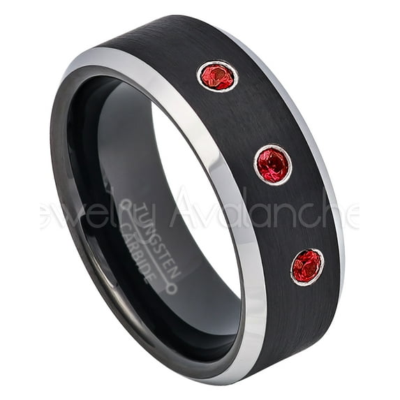 2-Tone Black Tungsten Wedding Band - 0.21ctw Garnet 3-stone Band - Personalized Tungsten Wedding Ring - Custom Made January Birthstone Ring TN667BS