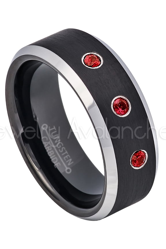 2-Tone Black Tungsten Wedding Band - 0.21ctw Garnet 3-stone Band - Personalized Tungsten Wedding Ring - Custom Made January Birthstone Ring TN667BS