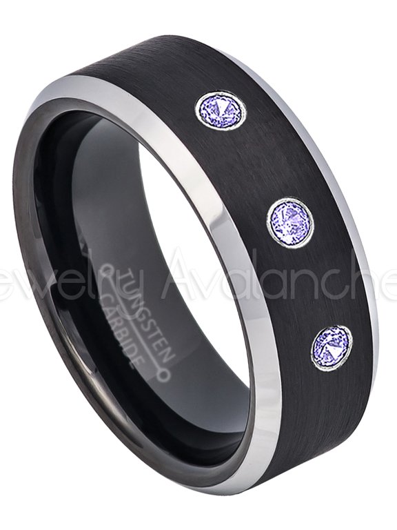 2-Tone Black Tungsten Wedding Band - 0.21ctw Tanzanite 3-stone Band - Personalized Tungsten Wedding Ring - Custom Made December Birthstone Ring TN667BS