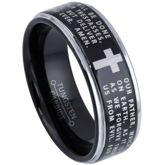 2-Tone Black Tungsten Wedding Band with Lord's Prayer Engraving Text - Mens Tungsten Carbide Ring - 12