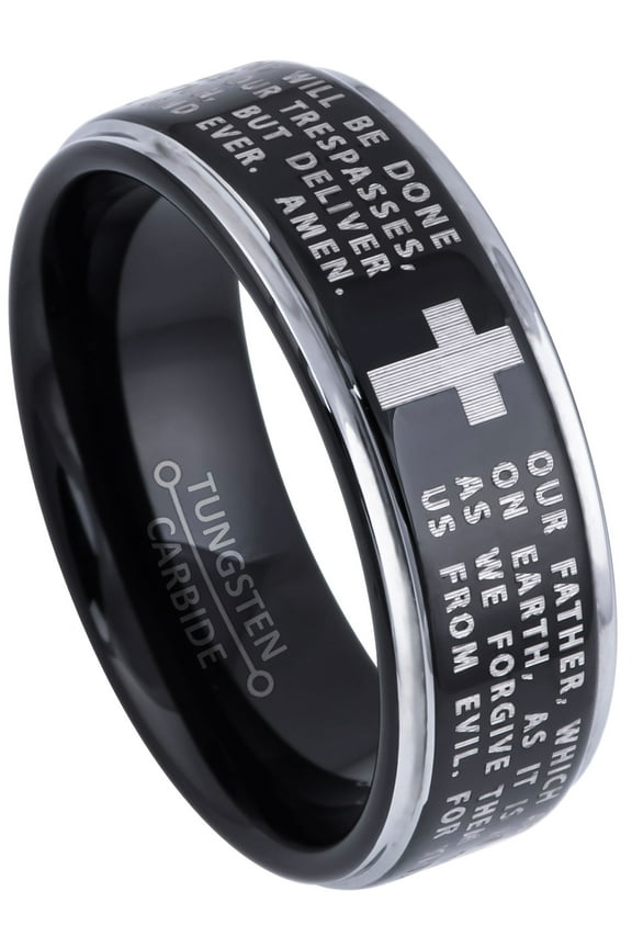 2-Tone Black Tungsten Wedding Band with Lord's Prayer Engraving Text - Mens Tungsten Carbide Ring - 7.5
