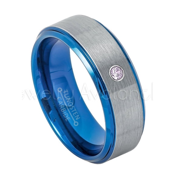 2-Tone Blue IP Tungsten Ring - 0.07ct Solitaire Amethyst Ring - Personalized Tungsten Wedding Ring - Custom Made February Birthstone Ring TN744BS