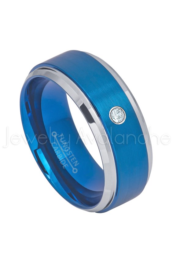 2-Tone Blue IP Tungsten Ring - 0.07ct Solitaire Aquamarine Ring - Personalized Tungsten Wedding Ring - Custom Made March Birthstone Ring TN693BS