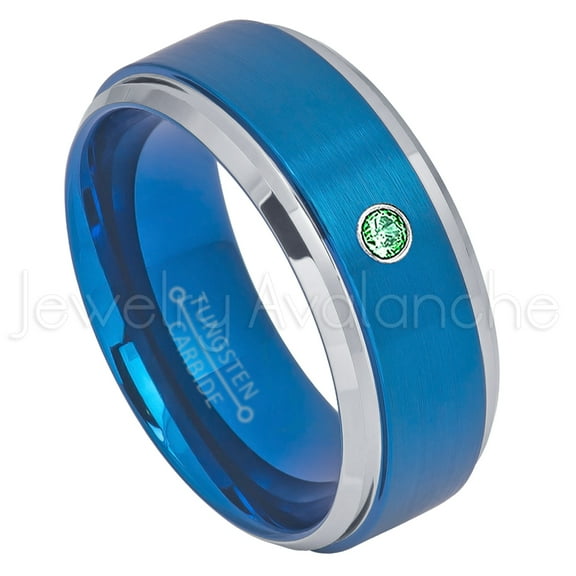 2-Tone Blue IP Tungsten Ring - 0.07ct Solitaire Emerald Ring - Personalized Tungsten Wedding Ring - Custom Made May Birthstone Ring TN693BS