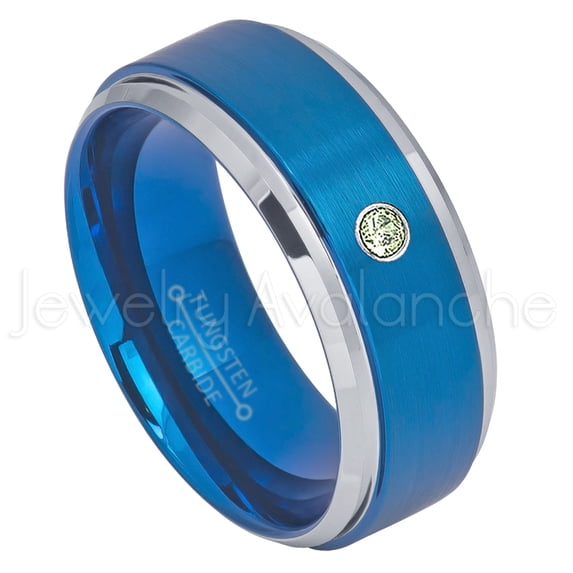 2-Tone Blue IP Tungsten Ring - 0.07ct Solitaire Peridot Ring - Personalized Tungsten Wedding Ring - Custom Made August Birthstone Ring TN693BS