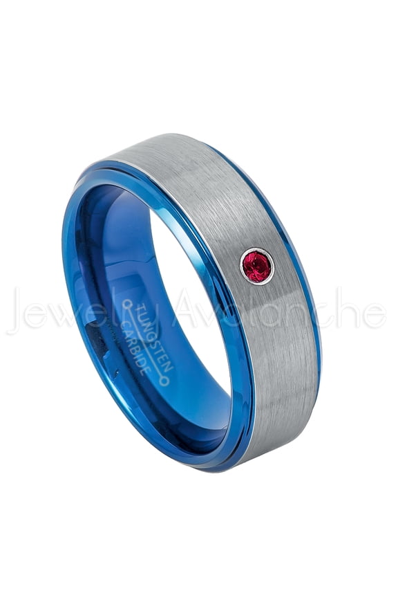 2-Tone Blue IP Tungsten Ring - 0.07ct Solitaire Ruby Ring - Personalized Tungsten Wedding Ring - Custom Made July Birthstone Ring TN744BS