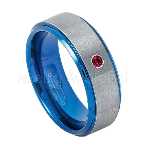 2-Tone Blue IP Tungsten Ring - 0.07ct Solitaire Ruby Ring - Personalized Tungsten Wedding Ring - Custom Made July Birthstone Ring TN744BS