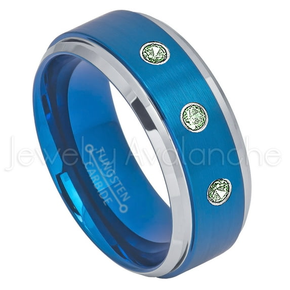 2-Tone Blue IP Tungsten Ring - 0.21ctw Alexandrite 3-stone Band - Personalized Tungsten Wedding Ring - Custom Made June Birthstone Ring TN693BS