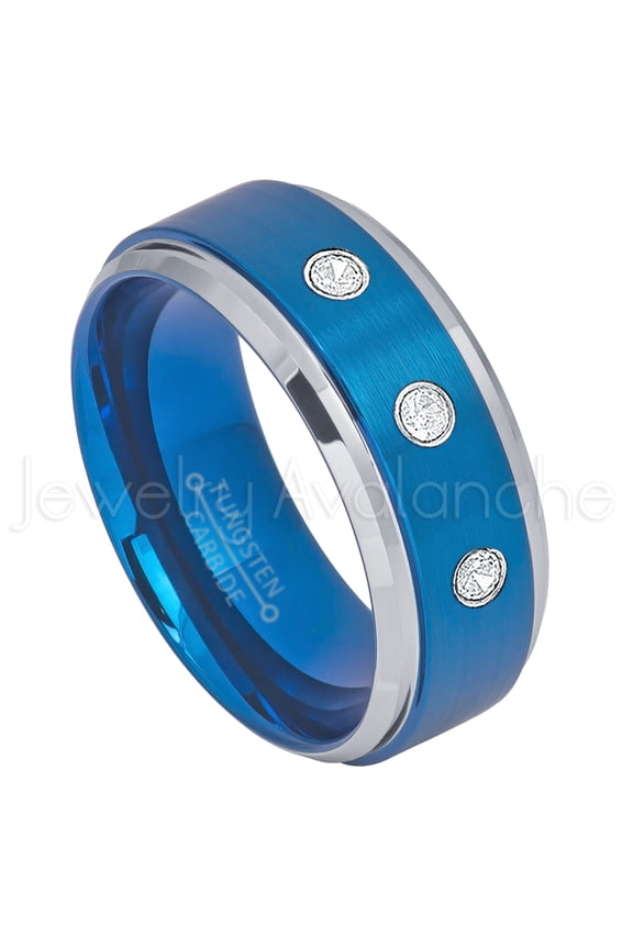 2-Tone Blue IP Tungsten Ring - 0.21ctw Diamond 3-stone Band - Personalized Tungsten Wedding Ring - Custom Made April Birthstone Ring TN693BS