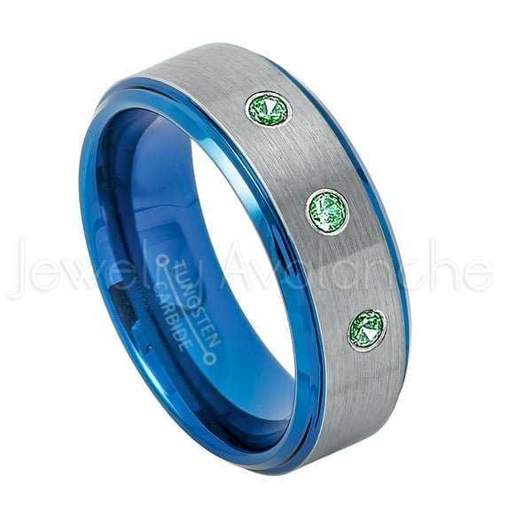 2-Tone Blue IP Tungsten Ring - 0.21ctw Emerald 3-stone Band - Personalized Tungsten Wedding Ring - Custom Made May Birthstone Ring TN744BS