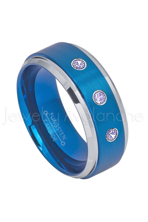 2-Tone Blue IP Tungsten Ring - 0.21ctw Tanzanite 3-stone Band - Personalized Tungsten Wedding Ring - Custom Made December Birthstone Ring TN693BS