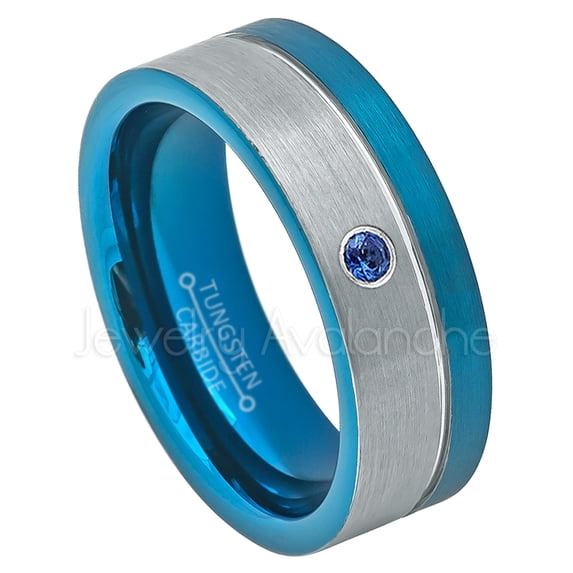 2-Tone Blue Ip Pipe Cut Tungsten Ring - 0.07ct Solitaire Blue Sapphire Ring - Personalized Tungsten Wedding Ring - Custom Made September Birthstone Ring TN741BS