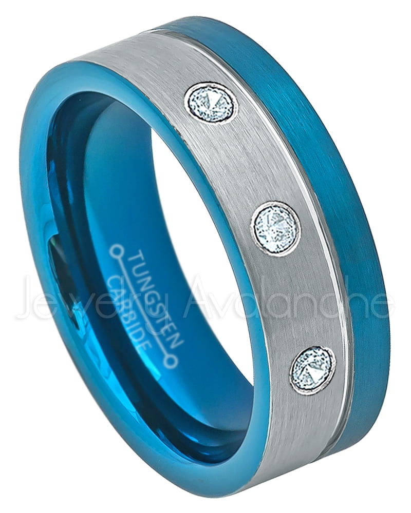 2-Tone Blue Ip Pipe Cut Tungsten Ring - 0.21ctw Aquamarine 3-stone Band - Personalized Tungsten ...