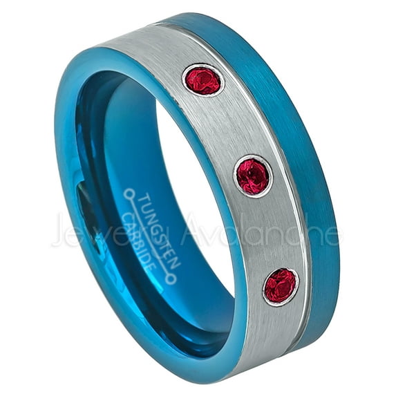 2-Tone Blue Ip Pipe Cut Tungsten Ring - 0.21ctw Ruby 3-stone Band - Personalized Tungsten Wedding Ring - Custom Made July Birthstone Ring TN741BS