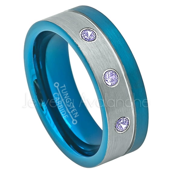 2-Tone Blue Ip Pipe Cut Tungsten Ring - 0.21ctw Tanzanite 3-stone Band - Personalized Tungsten Wedding Ring - Custom Made December Birthstone Ring TN741BS