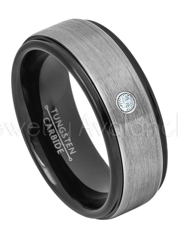 2-Tone Brushed Tungsten Wedding Band - 0.07ct Solitaire Aquamarine Ring - Personalized Tungsten Wedding Ring - Custom Made March Birthstone Ring TN678BS