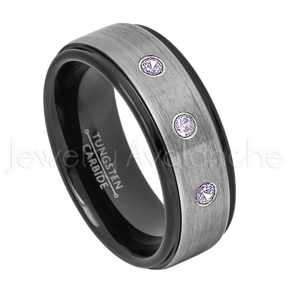 2-Tone Brushed Tungsten Wedding Band - 0.21ctw Amethyst 3-stone Band - Personalized Tungsten Wedding Ring - Custom Made February Birthstone Ring TN678BS