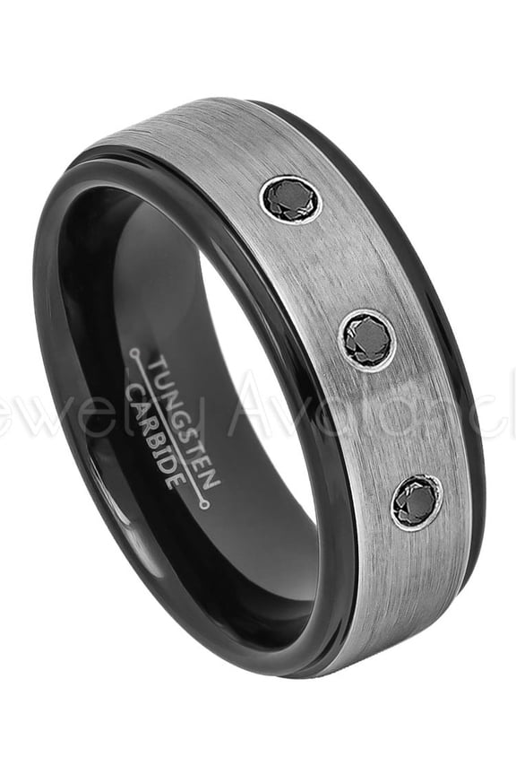 2-Tone Brushed Tungsten Wedding Band - 0.21ctw Black Diamond 3-stone Band - Personalized Tungsten Wedding Ring - Custom Made April Birthstone Ring TN678BS