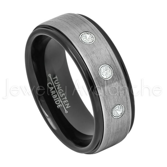 2-Tone Brushed Tungsten Wedding Band - 0.21ctw Diamond 3-stone Band - Personalized Tungsten Wedding Ring - Custom Made April Birthstone Ring TN678BS