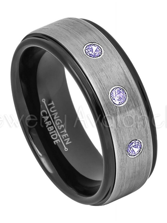 2-Tone Brushed Tungsten Wedding Band - 0.21ctw Tanzanite 3-stone Band - Personalized Tungsten Wedding Ring - Custom Made December Birthstone Ring TN678BS