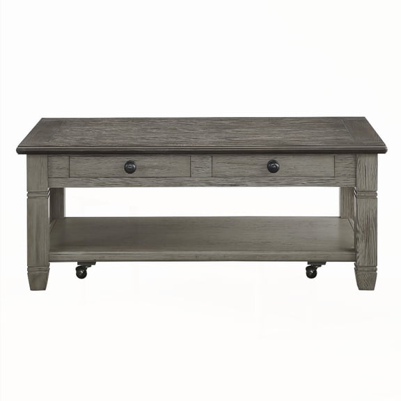 2-Tone Coffee & Antique Gray Oak/Rubberwood Veneer Cocktail Table with Drawers & Shelf