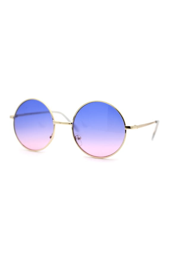 2 Tone Color Lens Retro Vintage Style Round Circle Hippie Groovy Sunglasses Blue Pink