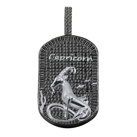 2 Tone Custom Baguette Black Gold Finish Capricorn Horse Zodiac Sign Astrology Horoscope Dog Tag Pendent Lab Diamond Charm