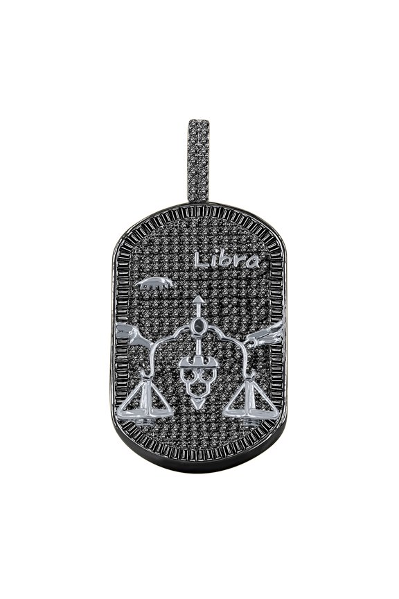 2 Tone Custom Baguette Black Gold Finish Libra Scales Zodiac Sign Astrology Horoscope Dog Tag Pendent Lab Diamond Charm
