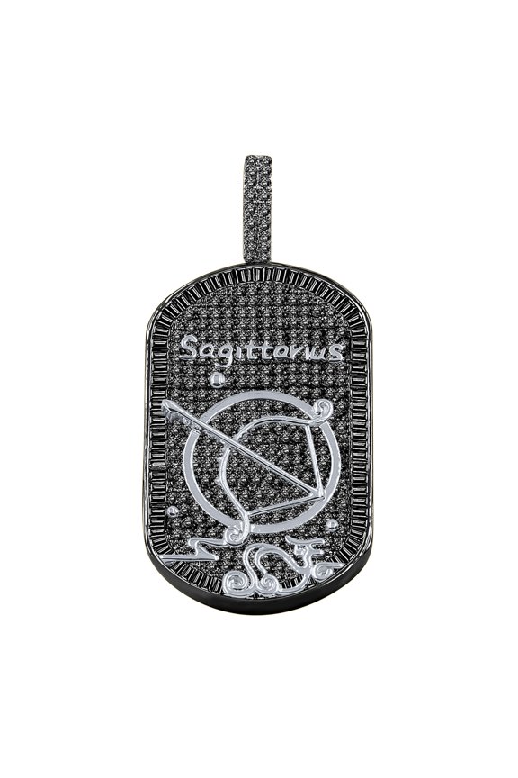 2 Tone Custom Baguette Black Gold Finish Sagittarius Archer Zodiac Sign Astrology Horoscope Dog Tag Pendent Lab Diamond Charm