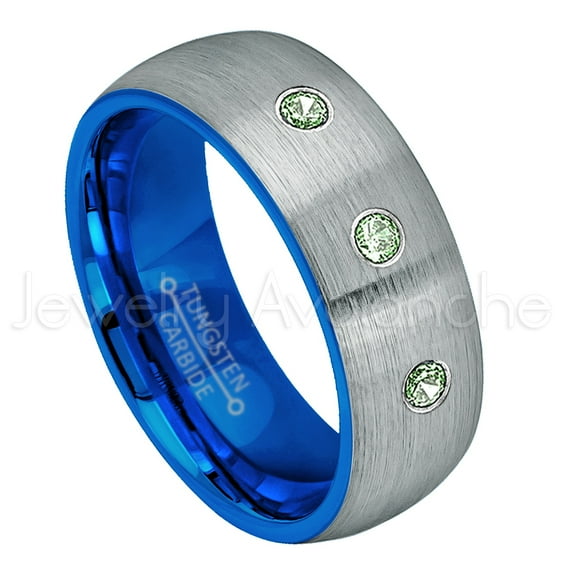 2-Tone Dome Blue IP Inner Tungsten Ring - 0.21ctw Alexandrite 3-stone Band - Personalized Tungsten Wedding Ring - Custom Made June Birthstone Ring TN736BS