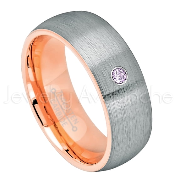 2-Tone Dome Rose Gold Inner Tungsten Ring - 0.07ct Solitaire Amethyst Ring - Personalized Tungsten Wedding Ring - Custom Made February Birthstone Ring TN737BS
