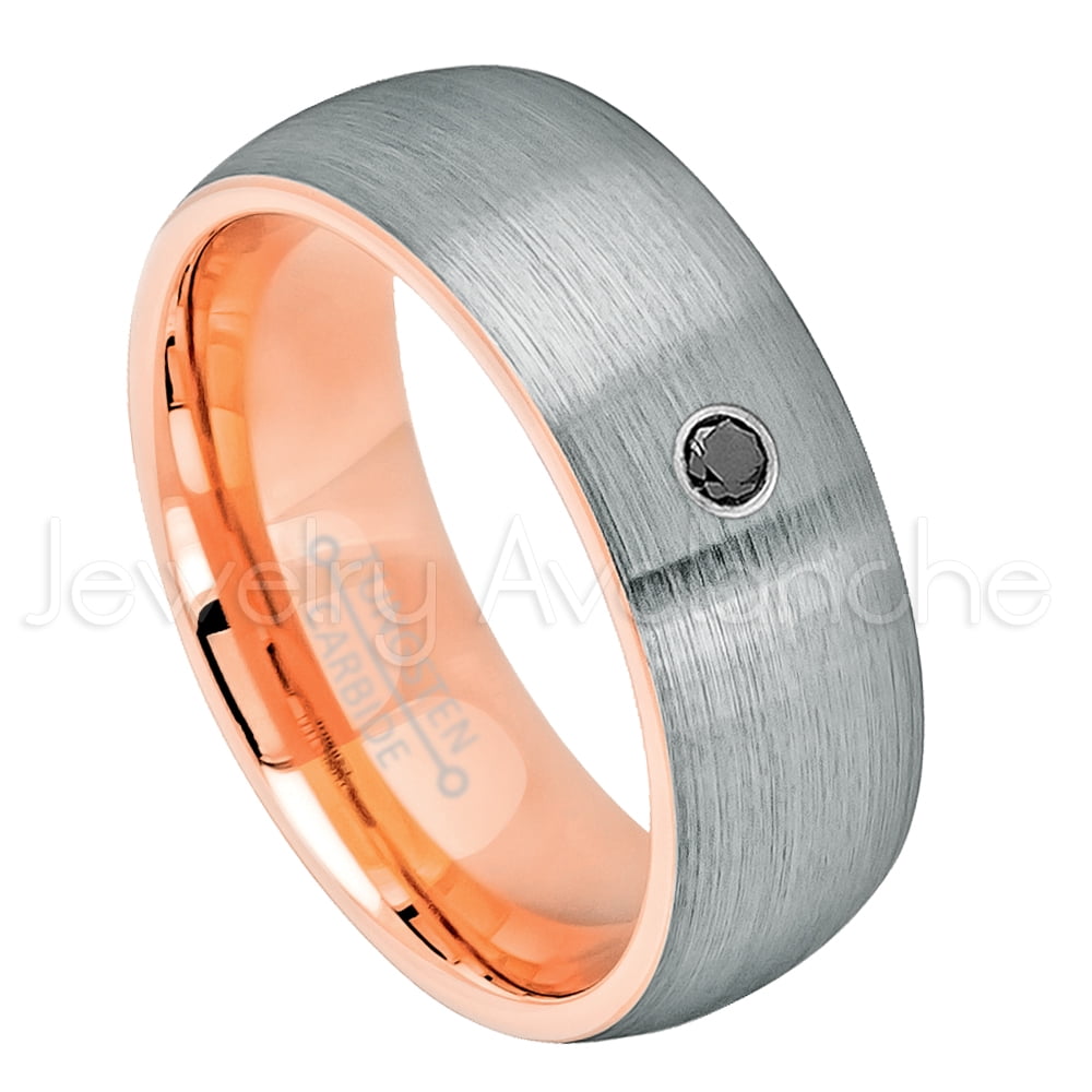 2-Tone Dome Rose Gold Inner Tungsten Ring - 0.07ct Solitaire Black Diamond Ring - Personalized ...