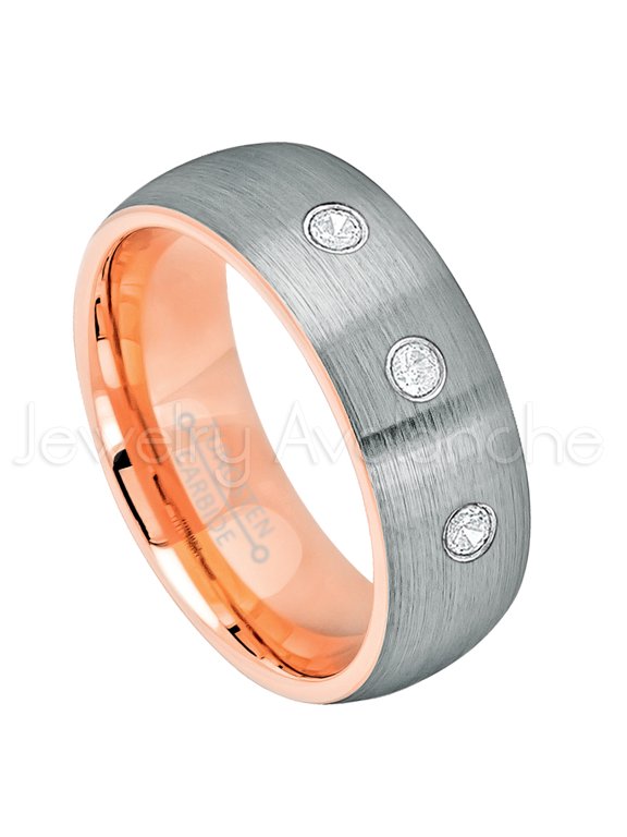 2-Tone Dome Rose Gold Inner Tungsten Ring - 0.21ctw Diamond 3-stone Band - Personalized Tungsten Wedding Ring - Custom Made April Birthstone Ring TN737BS