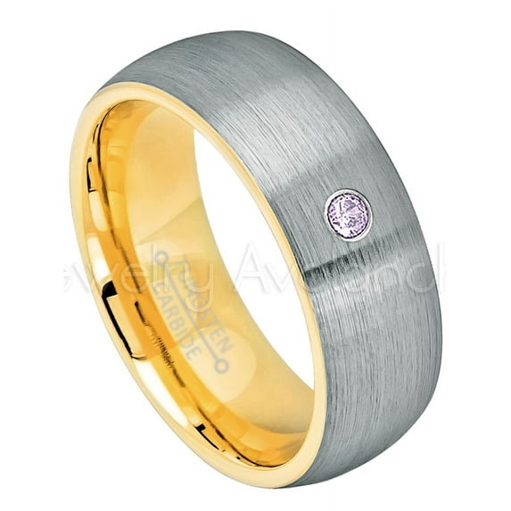 2-Tone Dome Yellow Gold Plated Inner Tungsten Ring - 0.07ct Solitaire Amethyst Ring - Personalized Tungsten Wedding Ring - Custom Made February Birthstone Ring TN738BS
