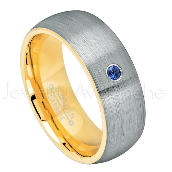 2-Tone Dome Yellow Gold Plated Inner Tungsten Ring - 0.07ct Solitaire Blue Sapphire Ring - Personalized Tungsten Wedding Ring - Custom Made September Birthstone Ring TN738BS