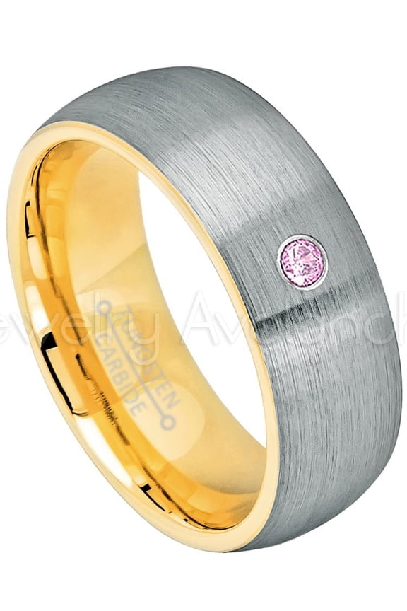 2-Tone Dome Yellow Gold Plated Inner Tungsten Ring - 0.07ct Solitaire Pink Tourmaline Ring - Personalized Tungsten Wedding Ring - Custom Made October Birthstone Ring TN738BS