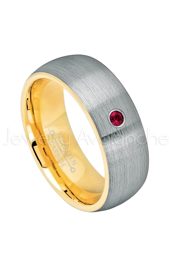 2-Tone Dome Yellow Gold Plated Inner Tungsten Ring - 0.07ct Solitaire Ruby Ring - Personalized Tungsten Wedding Ring - Custom Made July Birthstone Ring TN738BS