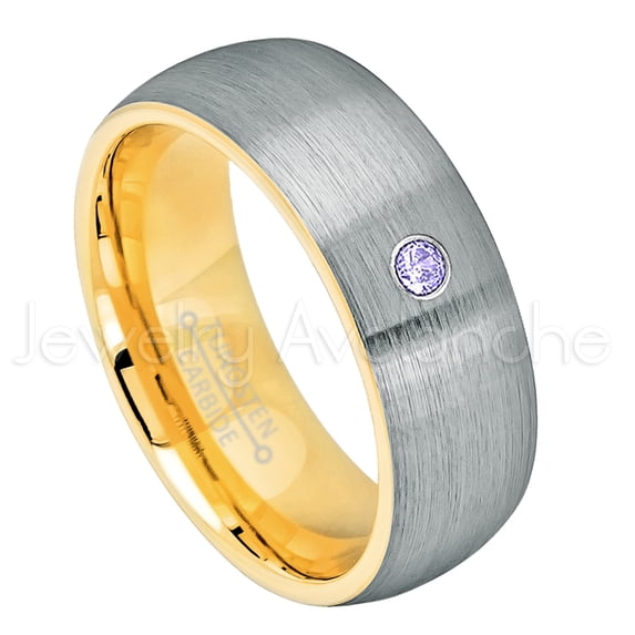 2-Tone Dome Yellow Gold Plated Inner Tungsten Ring - 0.07ct Solitaire Tanzanite Ring - Personalized Tungsten Wedding Ring - Custom Made December Birthstone Ring TN738BS