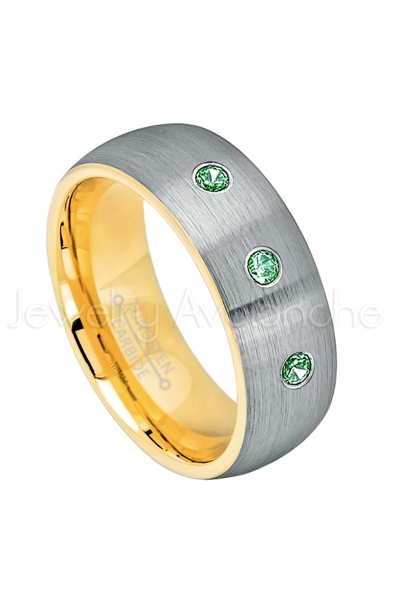 2-Tone Dome Yellow Gold Plated Inner Tungsten Ring - 0.21ctw Emerald 3-stone Band - Personalized Tungsten Wedding Ring - Custom Made May Birthstone Ring TN738BS