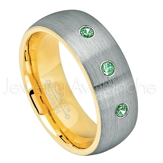 2-Tone Dome Yellow Gold Plated Inner Tungsten Ring - 0.21ctw Emerald 3-stone Band - Personalized Tungsten Wedding Ring - Custom Made May Birthstone Ring TN738BS