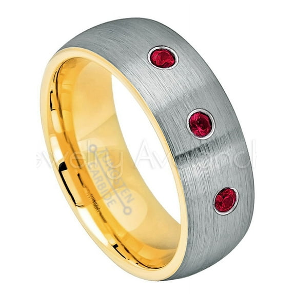 2-Tone Dome Yellow Gold Plated Inner Tungsten Ring - 0.21ctw Ruby 3-stone Band - Personalized Tungsten Wedding Ring - Custom Made July Birthstone Ring TN738BS