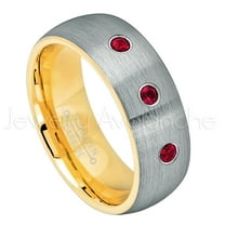 2-Tone Dome Yellow Gold Plated Inner Tungsten Ring - 0.21ctw Ruby 3-stone Band - Personalized Tungsten Wedding Ring - Custom Made July Birthstone Ring TN738BS