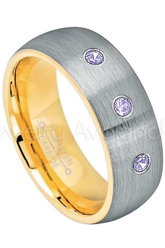 2-Tone Dome Yellow Gold Plated Inner Tungsten Ring - 0.21ctw Tanzanite 3-stone Band - Personalized Tungsten Wedding Ring - Custom Made December Birthstone Ring TN738BS