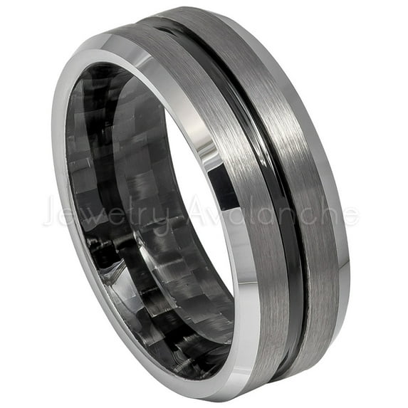 2-Tone Grooved Center Tungsten Ring, Inner Carbon FIber Inlay Tungsten Wedding Band JATN612Ns8.5