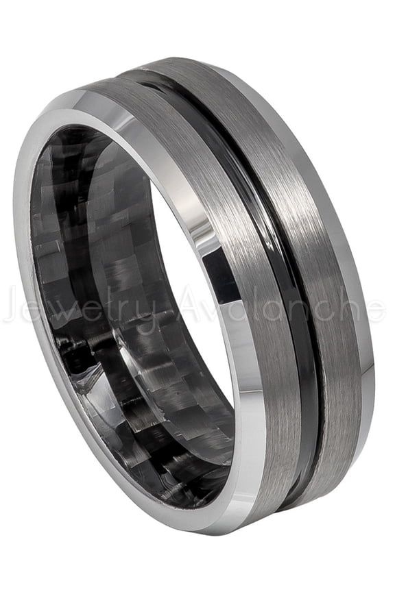 2-Tone Grooved Center Tungsten Ring, Inner Carbon FIber Inlay Tungsten Wedding Band TN612Ns13