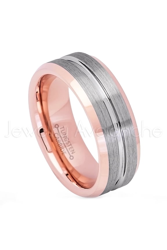 2-Tone Grooved Tungsten Ring - 8mm Brushed Finish Rose Gold Plated Inner Comfort Fit Tungsten Carbide Anniversary Ring