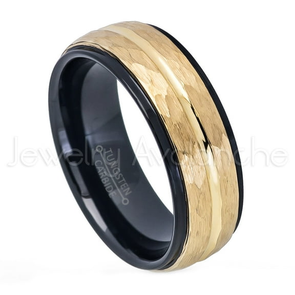 2-Tone Hammered Finish Tungsten Ring - 8mm Yellow & Black IP Grooved Center Comfort Fit Anniversary Ring - TN715WAs9